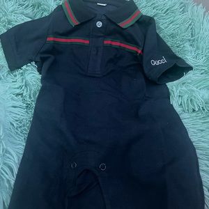 Gucci Black Polo-Style Baby Romper with Red and Green Stripe